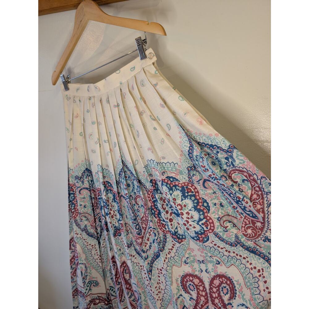 Vintage 80s Sears Pleated Paisley Maxi Skirt Border Print Cream Boho Size 14 - Picture 3 of 8